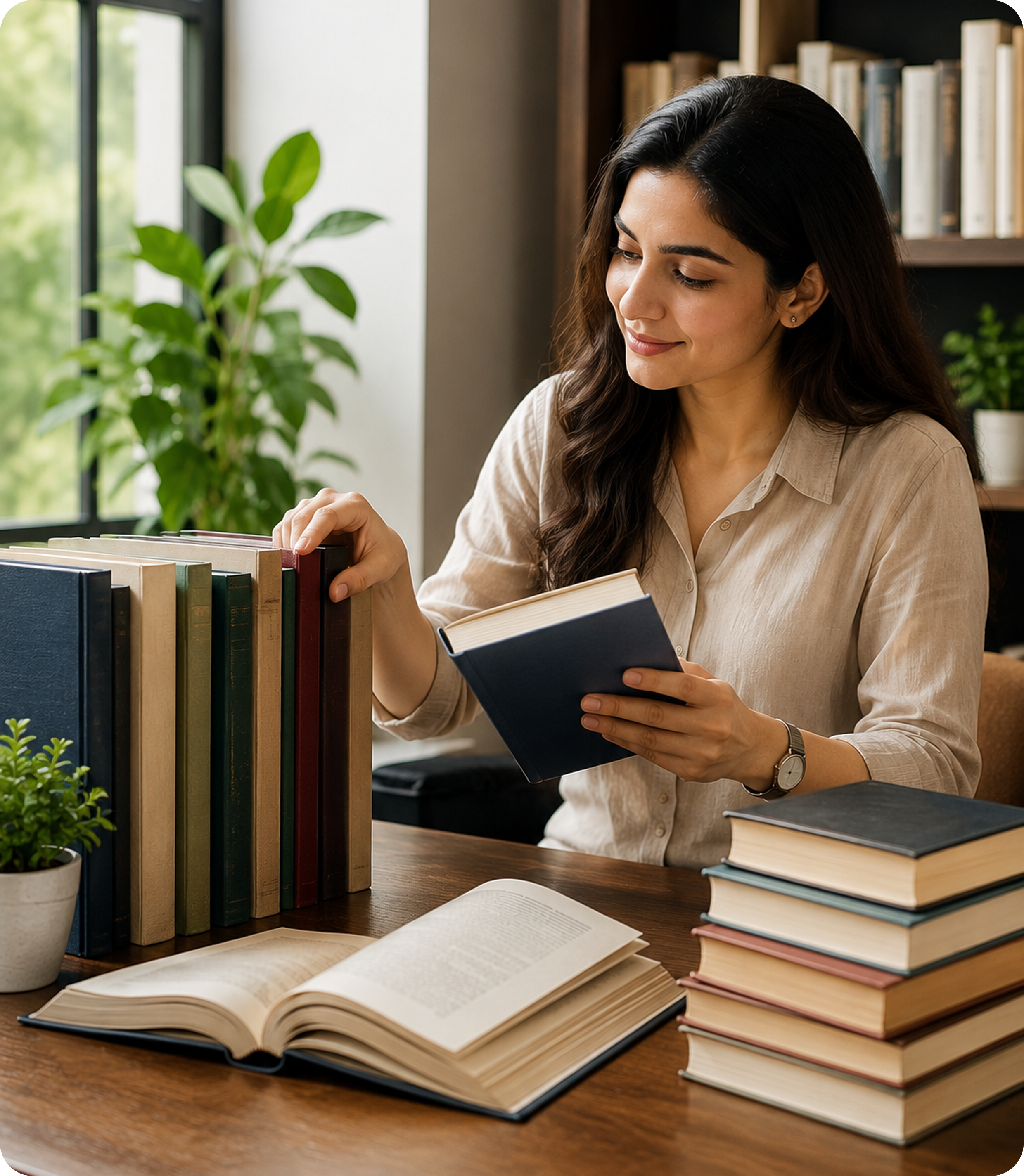 Author reading a book in a library
